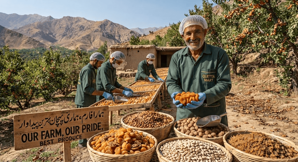 A professional Quetta Mart farmer wearing a branded uniform in a hygienic farm setting, showcasing a premium harvest of authentic Quetta dry fruits and nuts in Balochistan.
